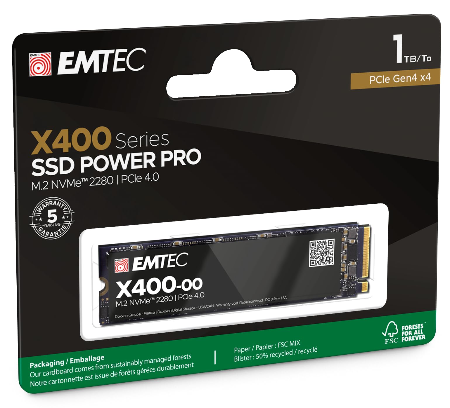 Emtec - SSD Interne X400 Power Pro M2 2280 1To/TB NVMe PCIe Gen4x4 Gaming PC et Jeux Vidéos - 3D NAND - Lecture Jusqu'à 5200MB/s, Ecriture Jusqu’à 2000MB/s - Endurance 200TB/1.8MH - ECSSD1TX400