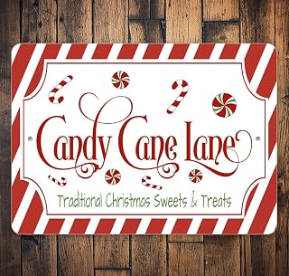 Candy Cane Lane Retro Metal Tin Sign Traditional Christmas Sweets and Treats Print Wall Art for Home Living Room Outdoor or Indoor Wall Decor Gift Christmas Candy Cane Lollipop Poster 8x12 Inch