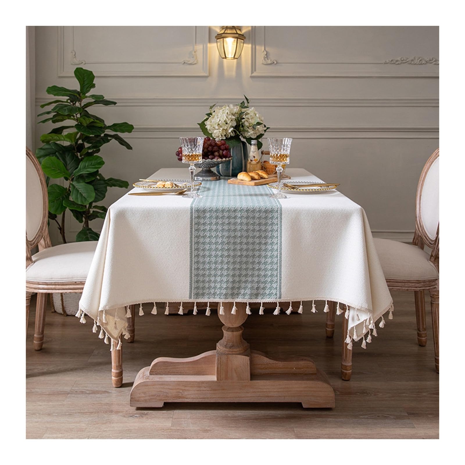 Nappe haut de gamme motif pied de poule beige vert en tissu polyester durable