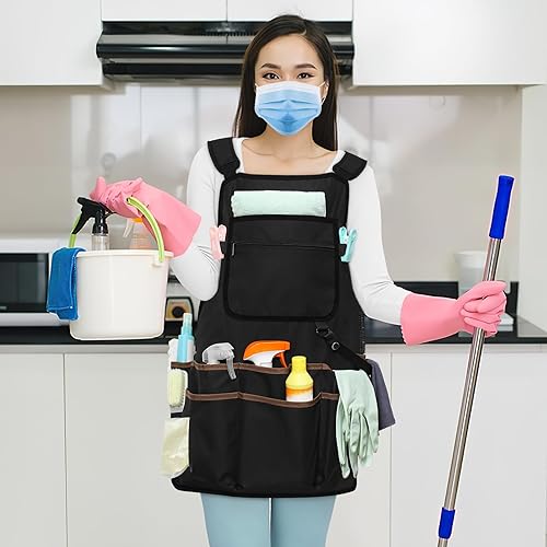 Miniatura 6 de Delantal de limpieza profesional con arnés de doble hombro y cinturón ajustable en la cintura, delantal grande de limpieza con 14 bolsillos para