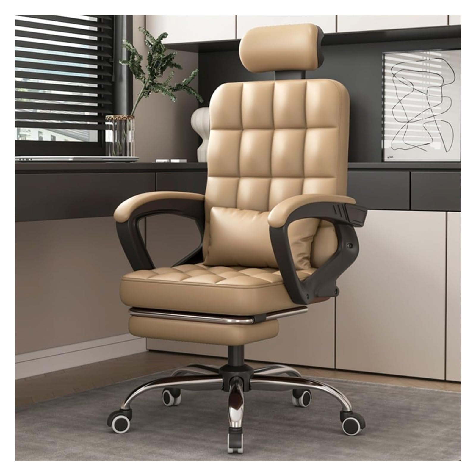 NZPOST Chair Office Chair Ergonomic Desk Chair Adjustable Executive Leather Chair with Armrest High Back Computer Chair Task Chairs with Wheels Swivel Rolling Chair (/Khaki with Foot Rest)