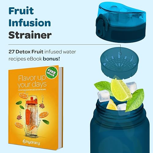 Miniatura 7 de Hydracy Botella de agua con horas para beber marcadas, grande, sin bisfenol A, a prueba de fugas, funda anticondensación, para gimnasio, con colador