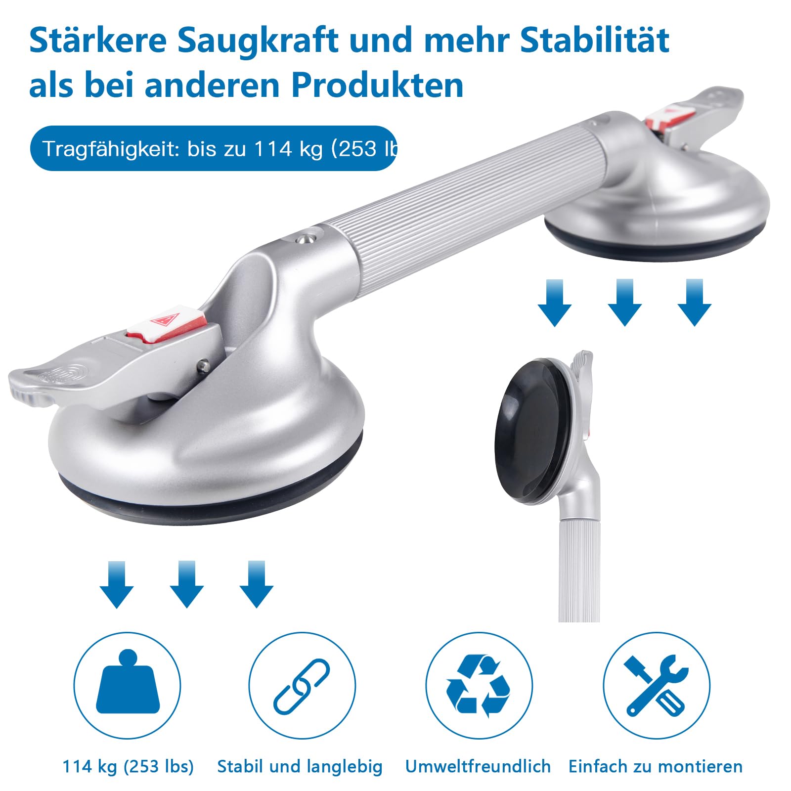 48,3 cm großer Haltegriff mit Saugnapf, tragbarer Duschgriff, Saugnapf, Badewannengriff mit starkem Halt, Saugnapf-Armatur und Schnellentriegelung für Badezimmer (max. Kapazität: 136 kg