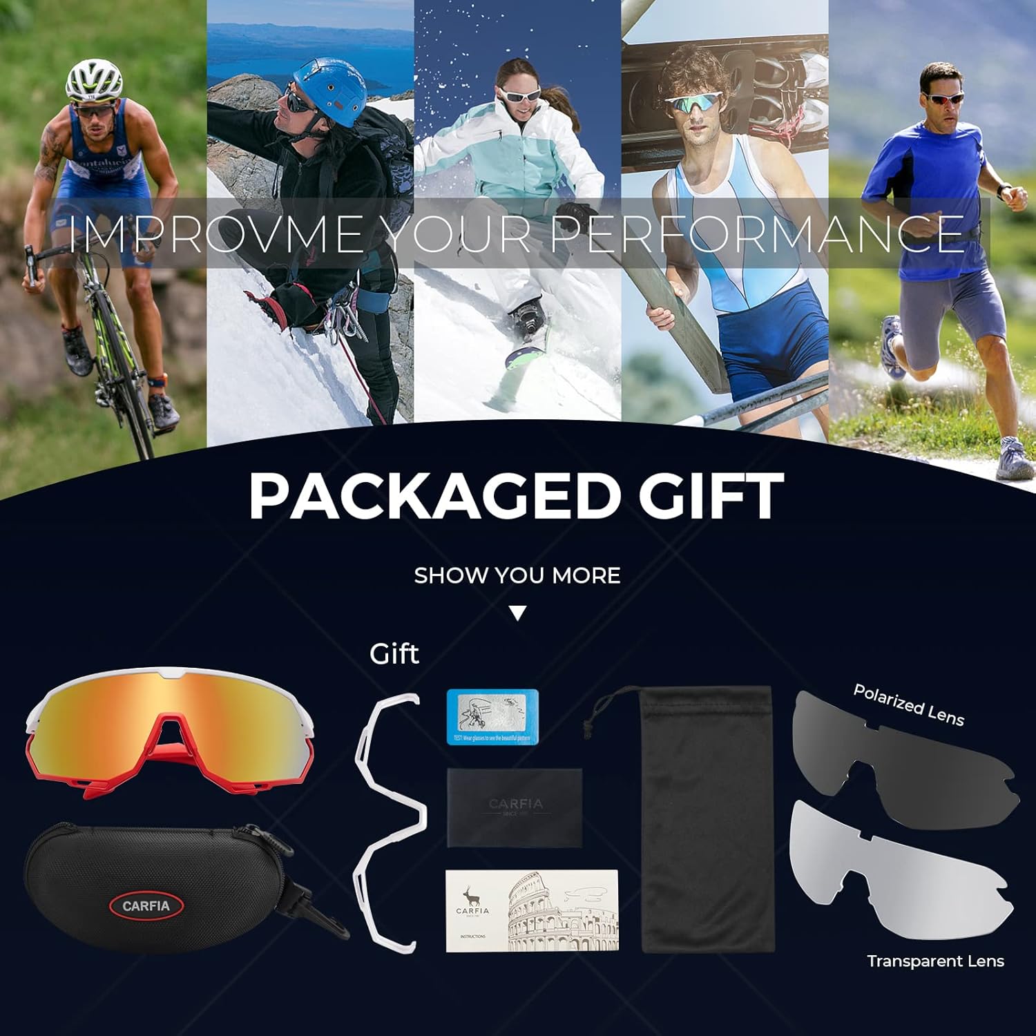 CARFIA Polarized Cycling Sunglasses for Men - 3 Interchangeable Lenses UV400/Shockproof/HD Vision CA5390