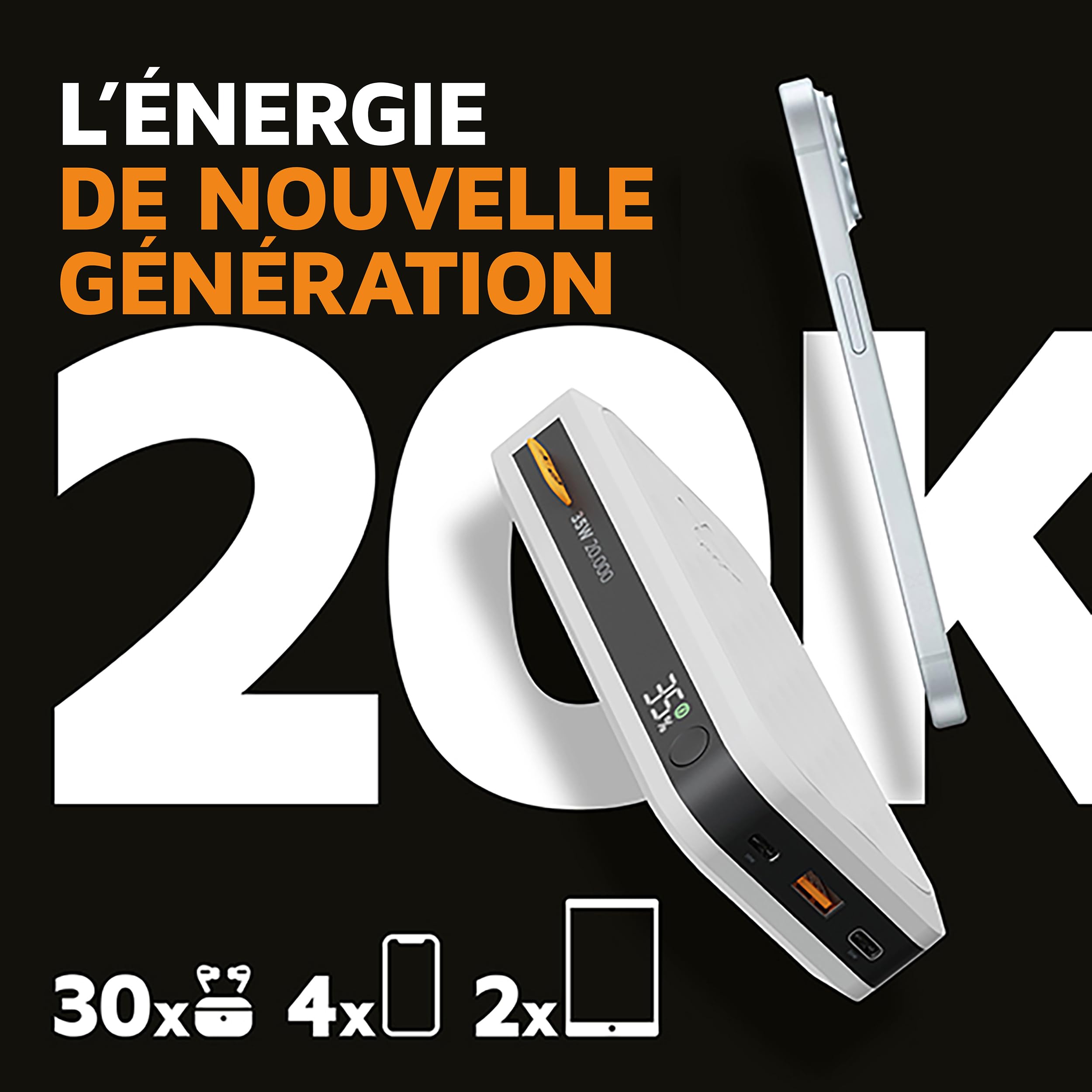 Powerbank Xtorm Fuel 5 Series 35W, 20 000mAh, 2X USB-C PD / 1x USB-A, Adapté aux Voyages en Avion, Compatible avec Samsung ou Android et iPhone ou Apple, Dusk White