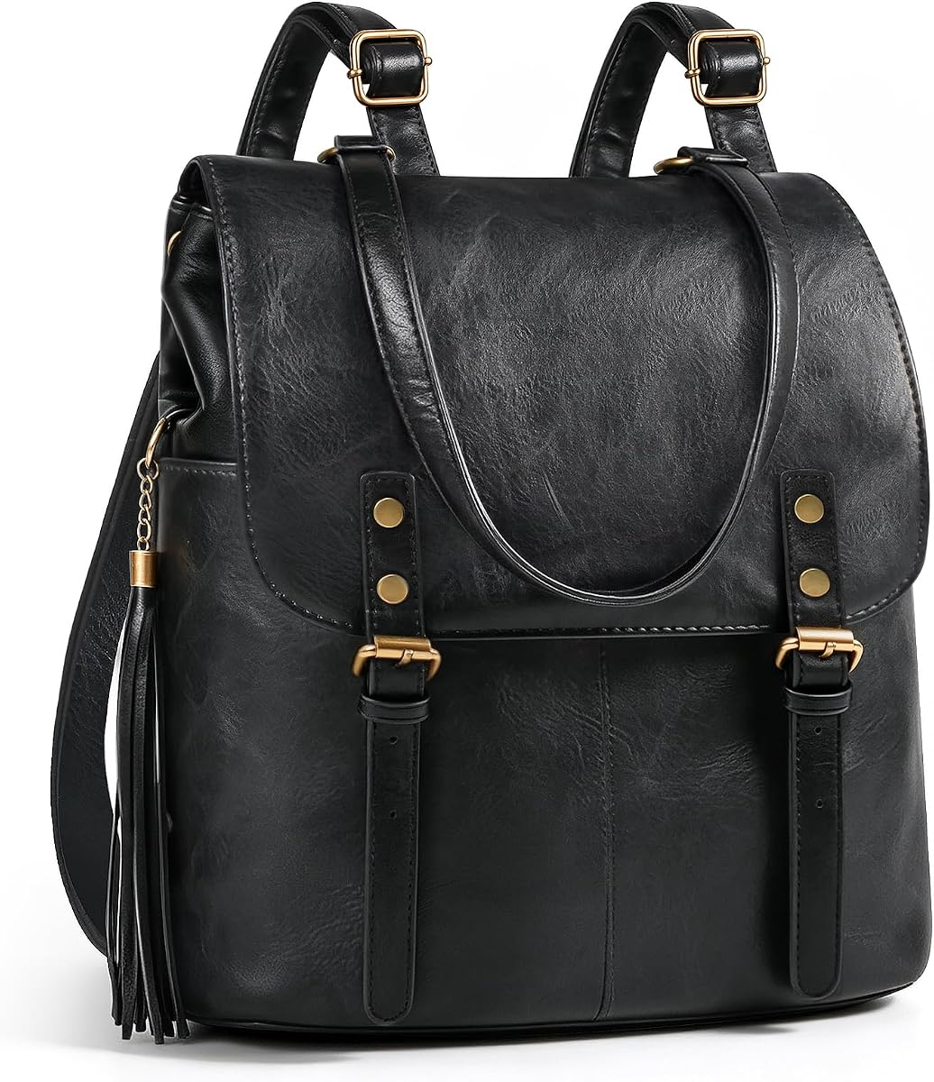MOETYANG Leather Backpack Purse for Women, Vintage Black Backpack | Vintage leather bag with large storage, dedicated laptop sleeve, safe buckle fastener & adjustable shoulder straps