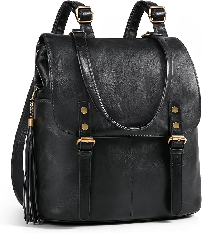 MOETYANG Leather Backpack Purse for Women, Vintage Black Backpack | Vintage leather bag with large storage, dedicated laptop sleeve, safe buckle fastener & adjustable shoulder straps