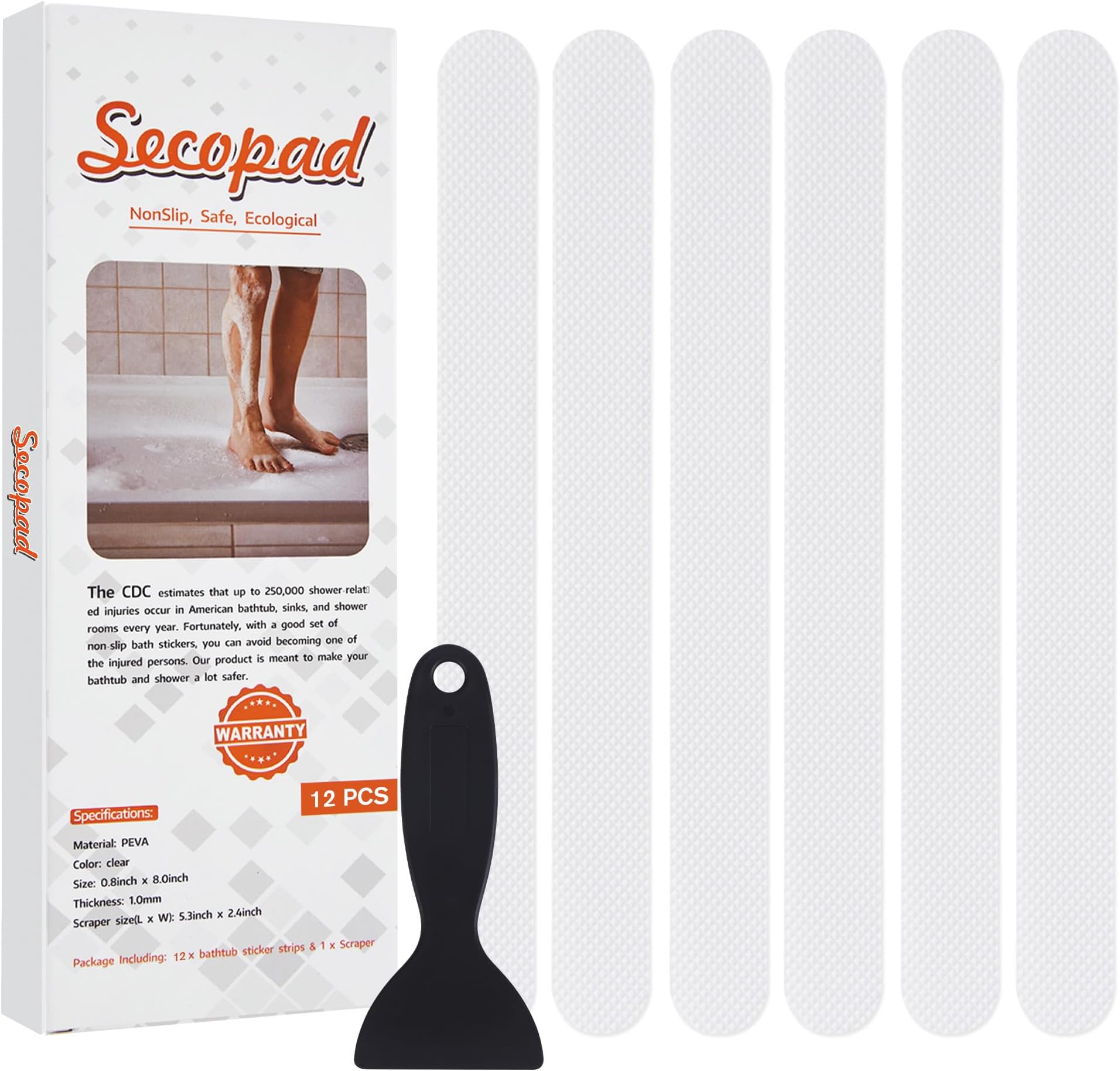 Secopad Original Anti-Slip Shower Stickers for Bathtub & Shower Floor, Strong Adhesive Safety Strips with Scraper Ideal for Families with Kids, Adults & Seniors, 24 PCS (White)
