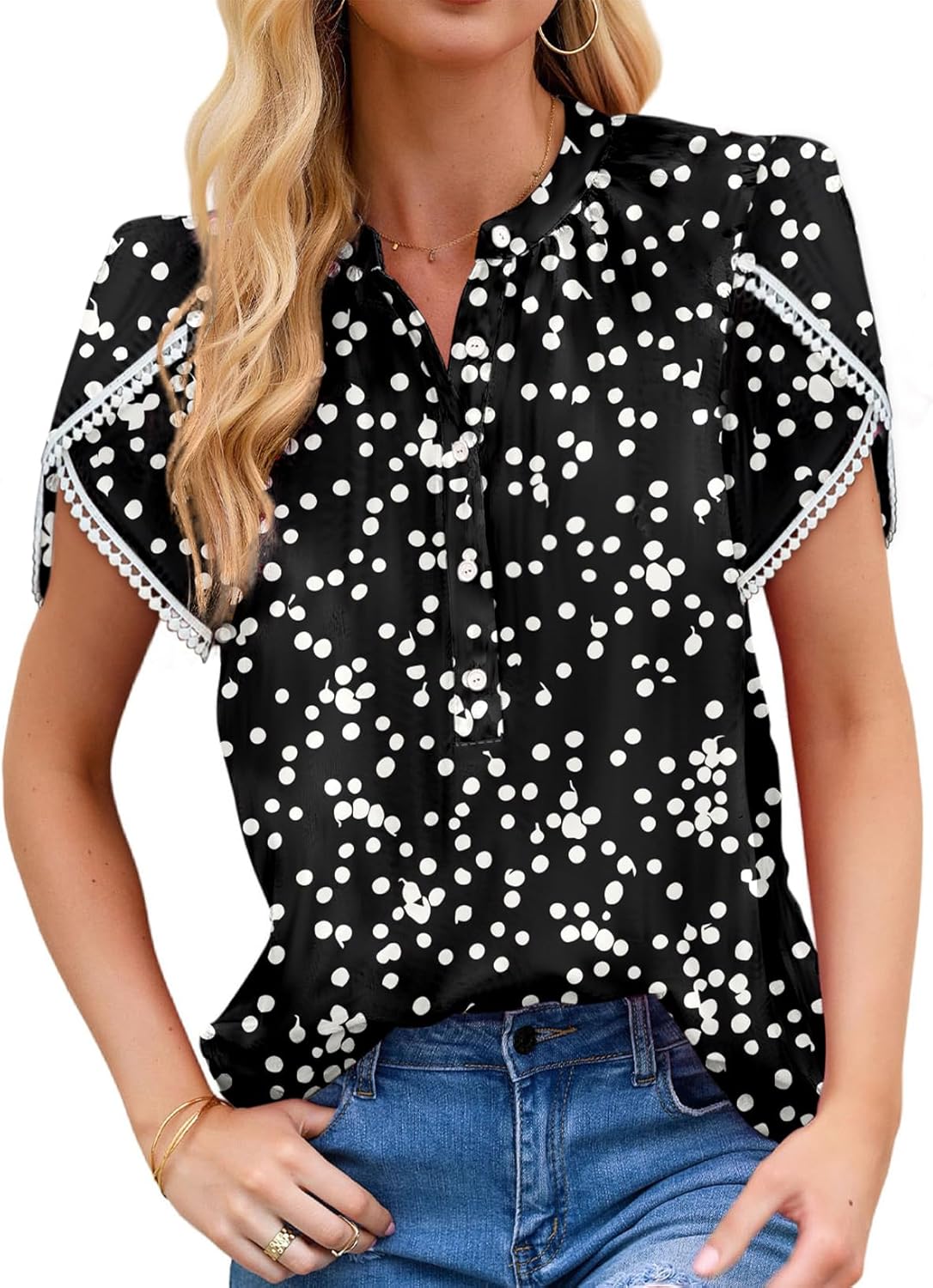 Dokotoo Womens Tops Dressy Casual Floral Print Half Button Front Petal Short Sleeve V Neck Chiffon Blouse Western Summer Elegant Cute Bohemian Top Shirts for Women Fashion 2024 Clothes Black Large - Image 3