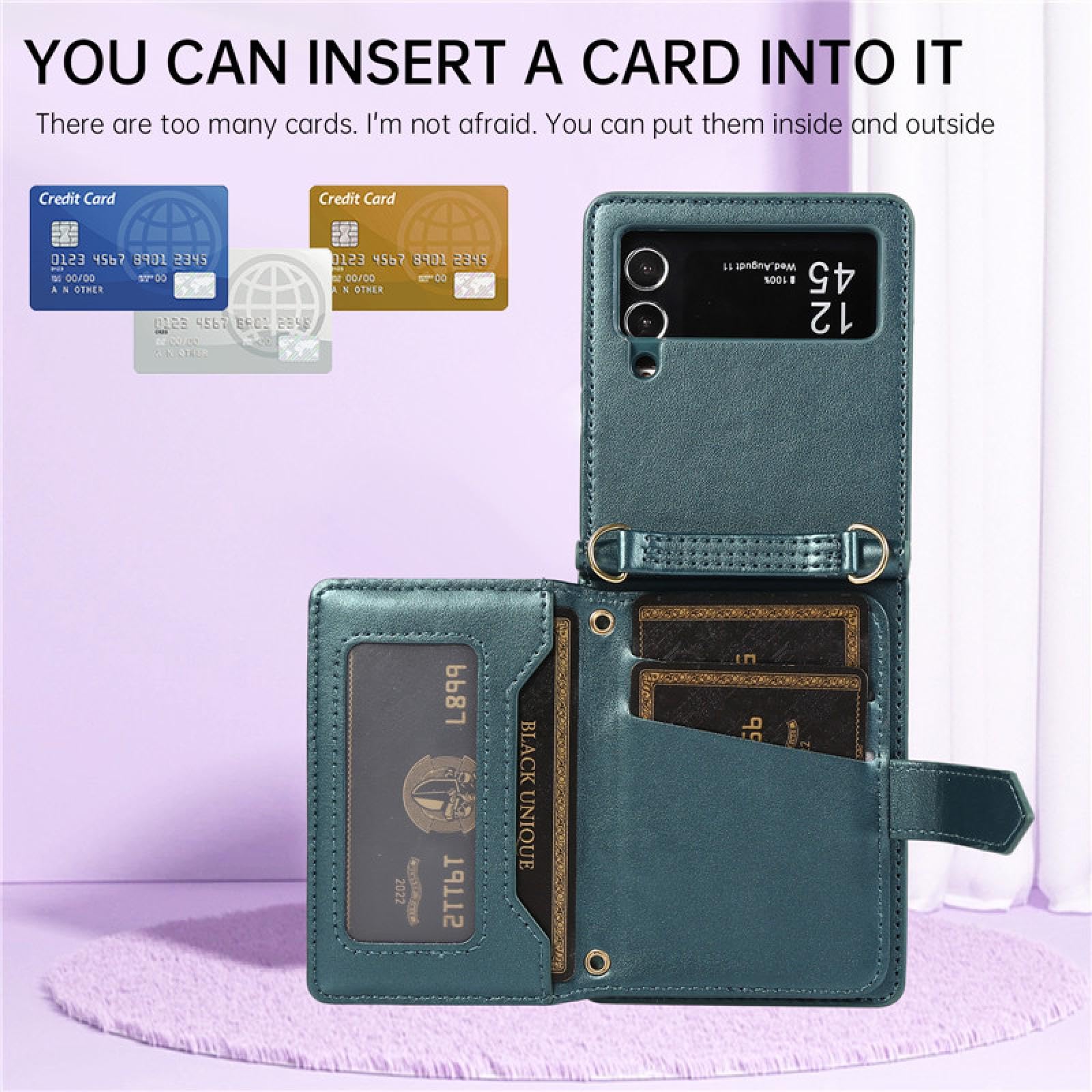 Do Samsung Z Flip 3 Wrist Rope Leather Wallet Card Phone Case Crossbody Lanyard Cover (Do Samsung Z Flip 3/czarny)