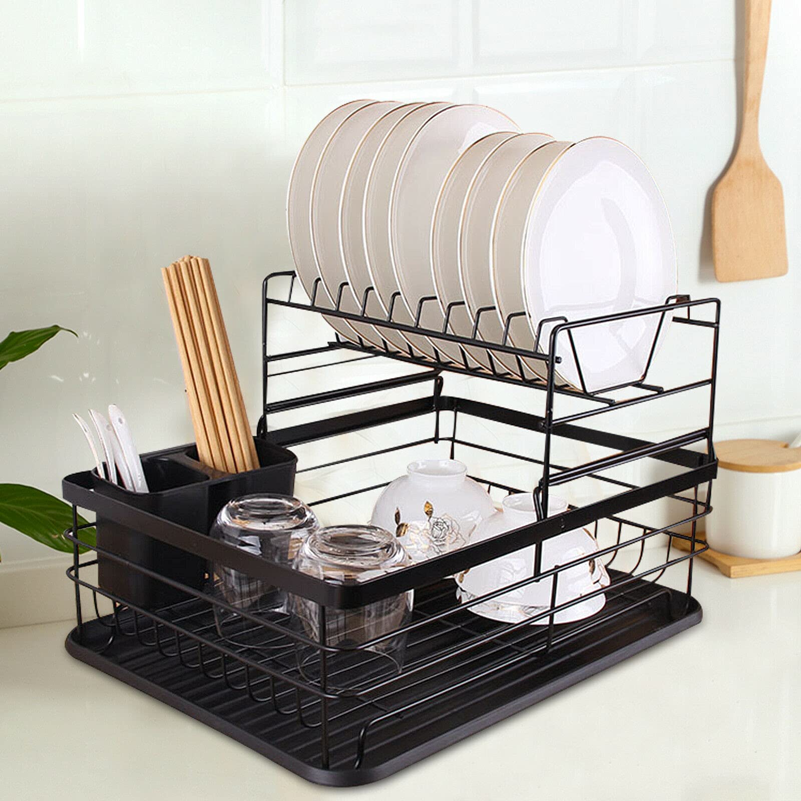 Escurridor de 2 niveles, escurridor, capa para secar platos, escurridor, soporte para cubiertos, protección contra la corrosión, estante de hierro