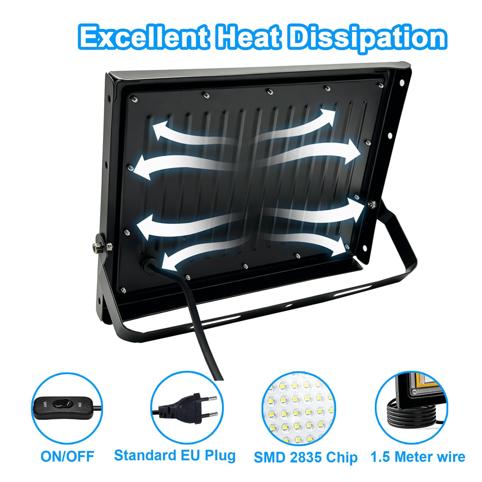 2 Piezas Focos LED Exterior 100W, Resistente al Agua IP66 Foco Proyector LED, 1.5M Cable Blanco Frío 6500K Proyector LED Exterior, 10000LM para Estadio, Almacén, Taller, Aparcamiento