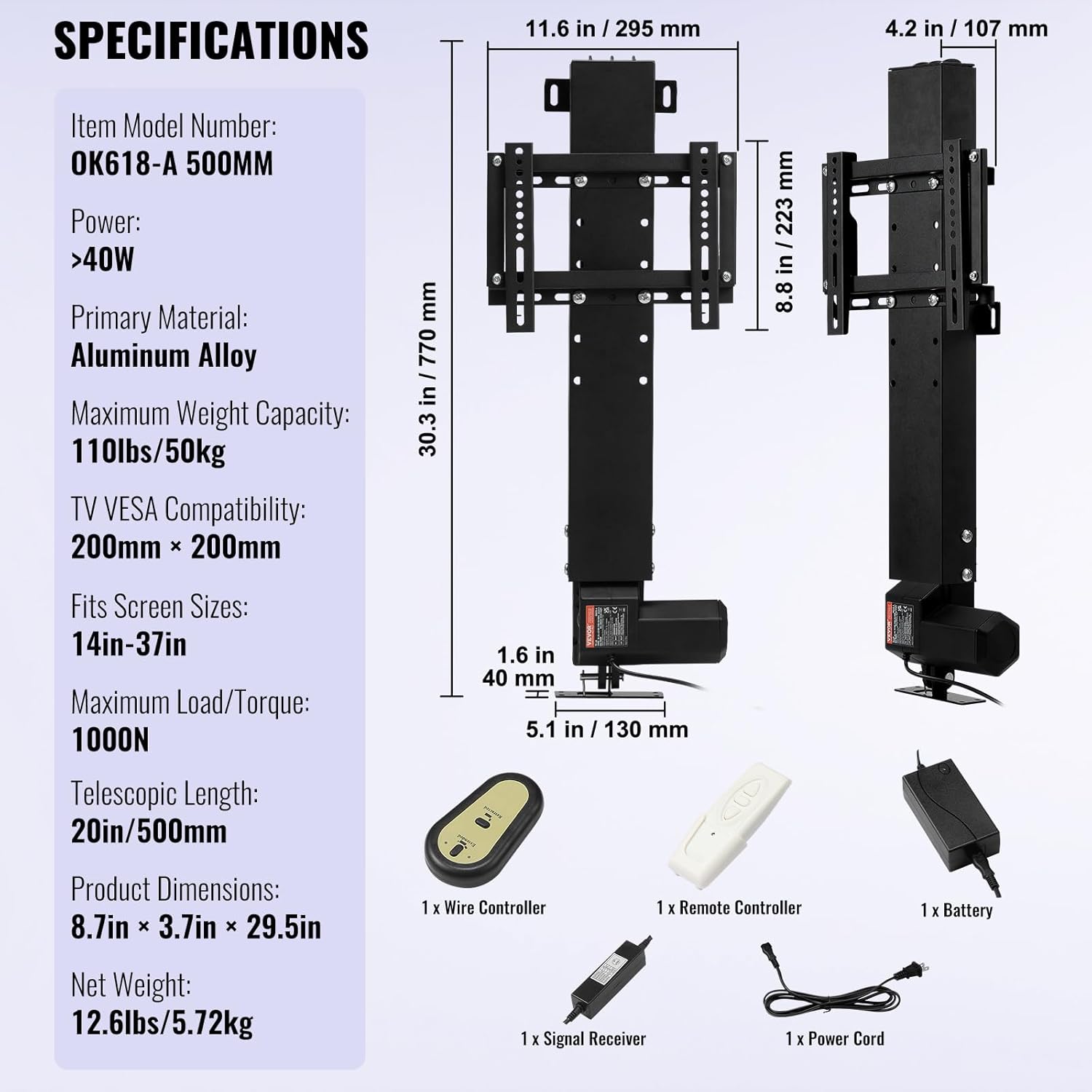 Detailed specifications and dimensions of the VEVOR Motorized TV Lift.
