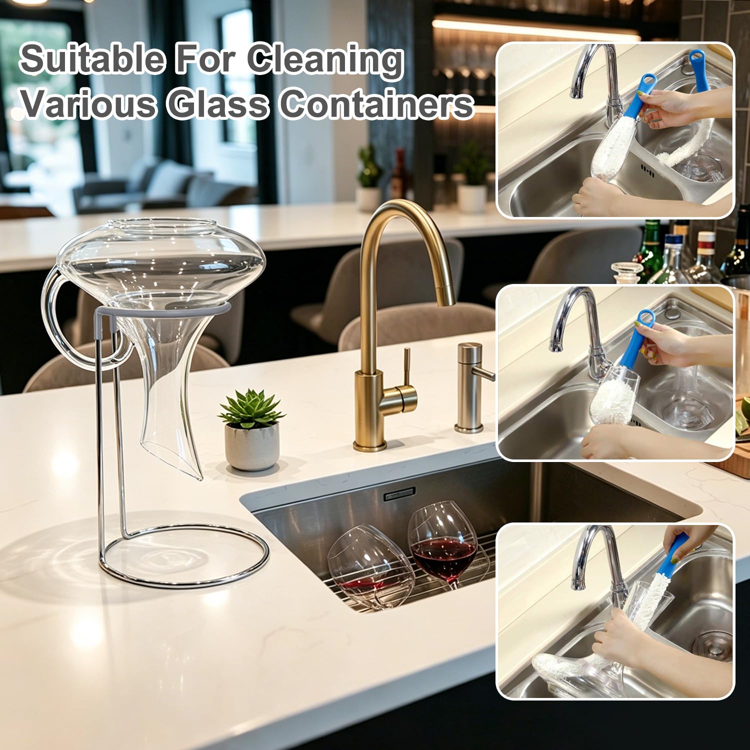 Support de séchage avec revêtement en caoutchouc pour éviter les rayures, égouttoir pour carafes à vin à fond standard, brosse de nettoyage et perles de nettoyage
