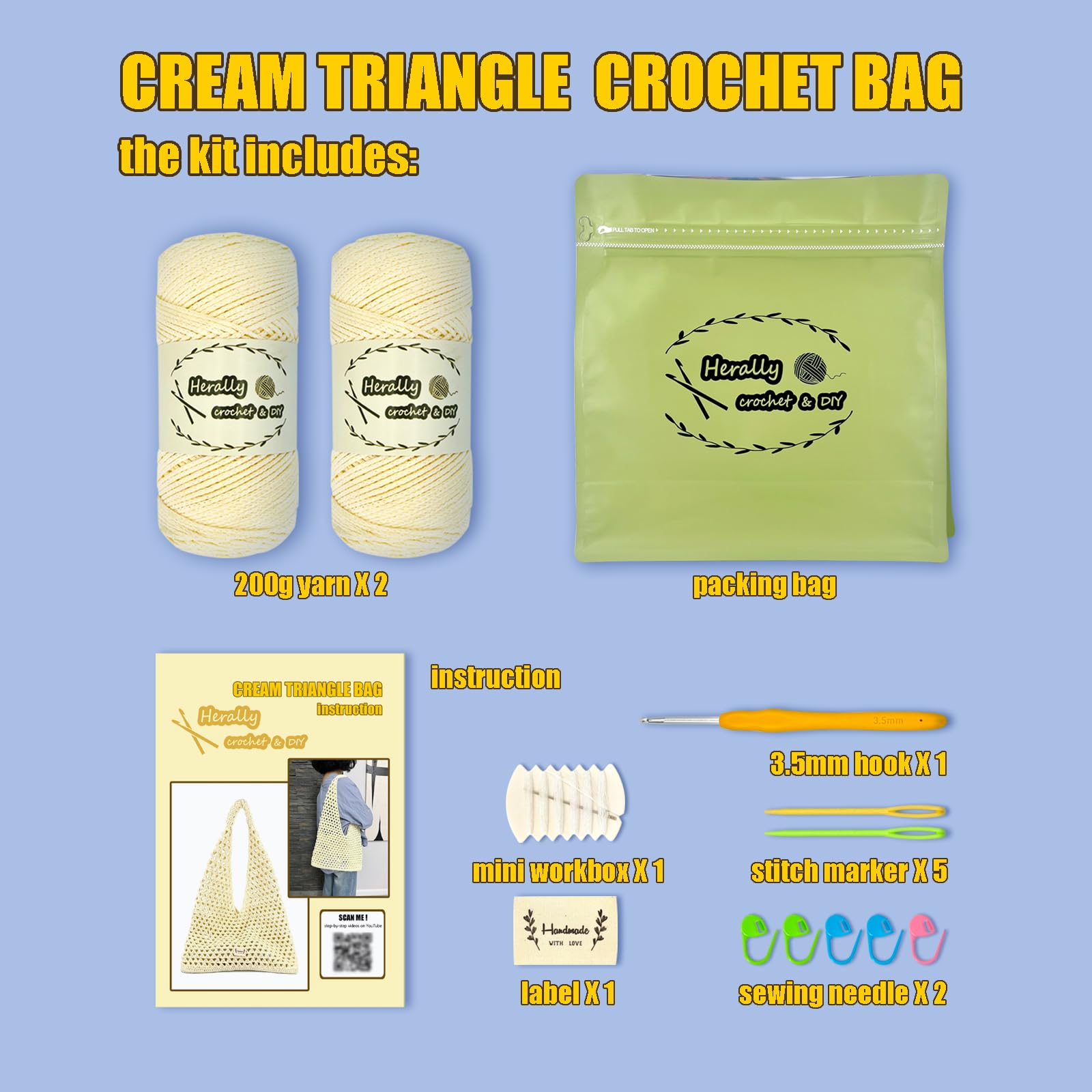 Herally Beginners Crochet Kit DIY Bag for Women - Include Yarn, Hook and Accessory - with Step by Step Video Tutorials