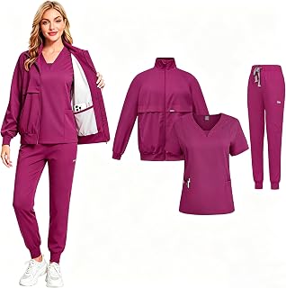 Scrubs for Women and Men 3-Piece Set (Jacket + V-Neck Top + Jogger Pants) with Multi Pocket Anti Wrinkle