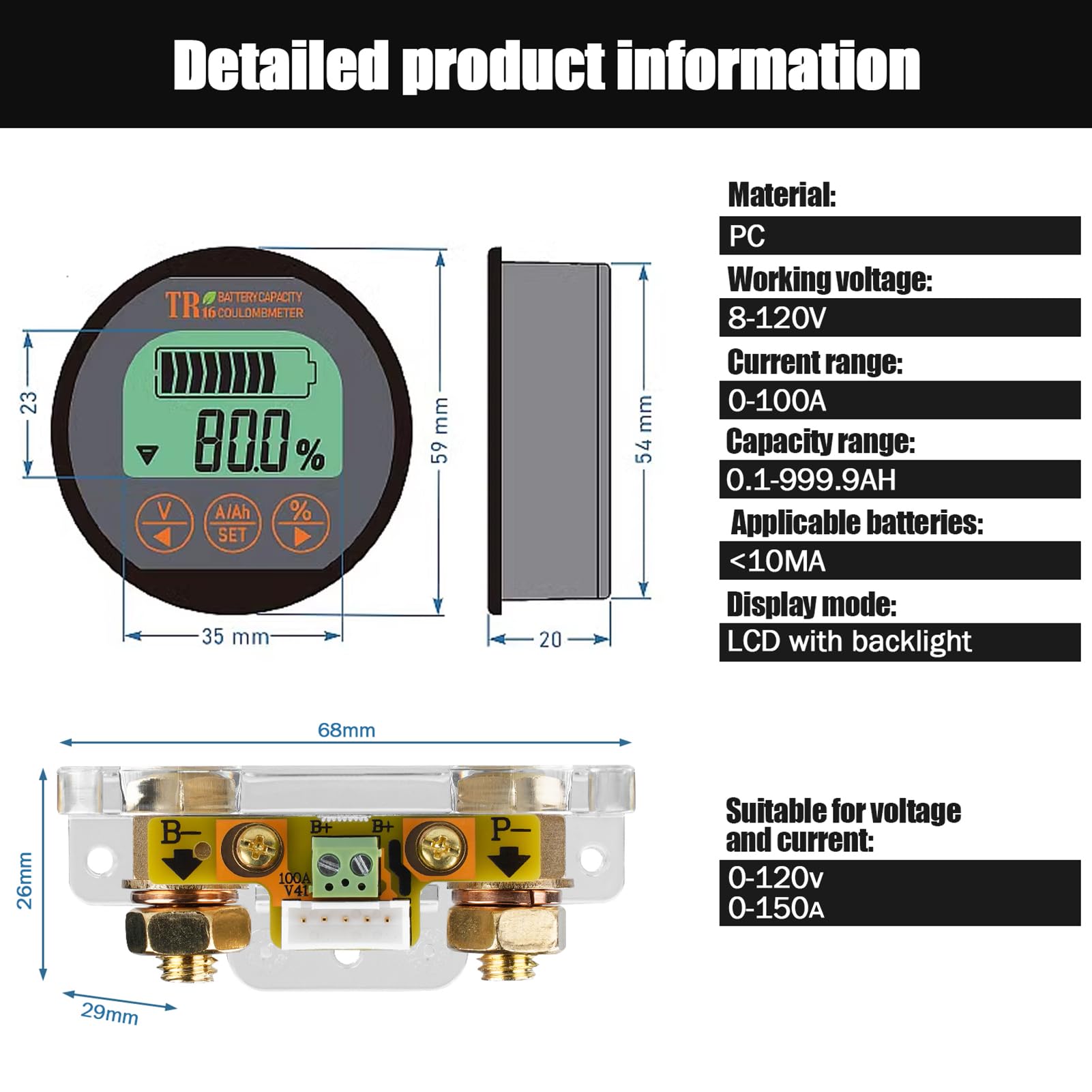 Batteriemonitor Tester, Voltmeter Amperemeter Wasserdichte Digitaler Tester Monitor mit LCD-Anzeige Batteriewächter mit 2m Kabel 8-120V 100A für Auto Motorboot Wohnmobil Solar