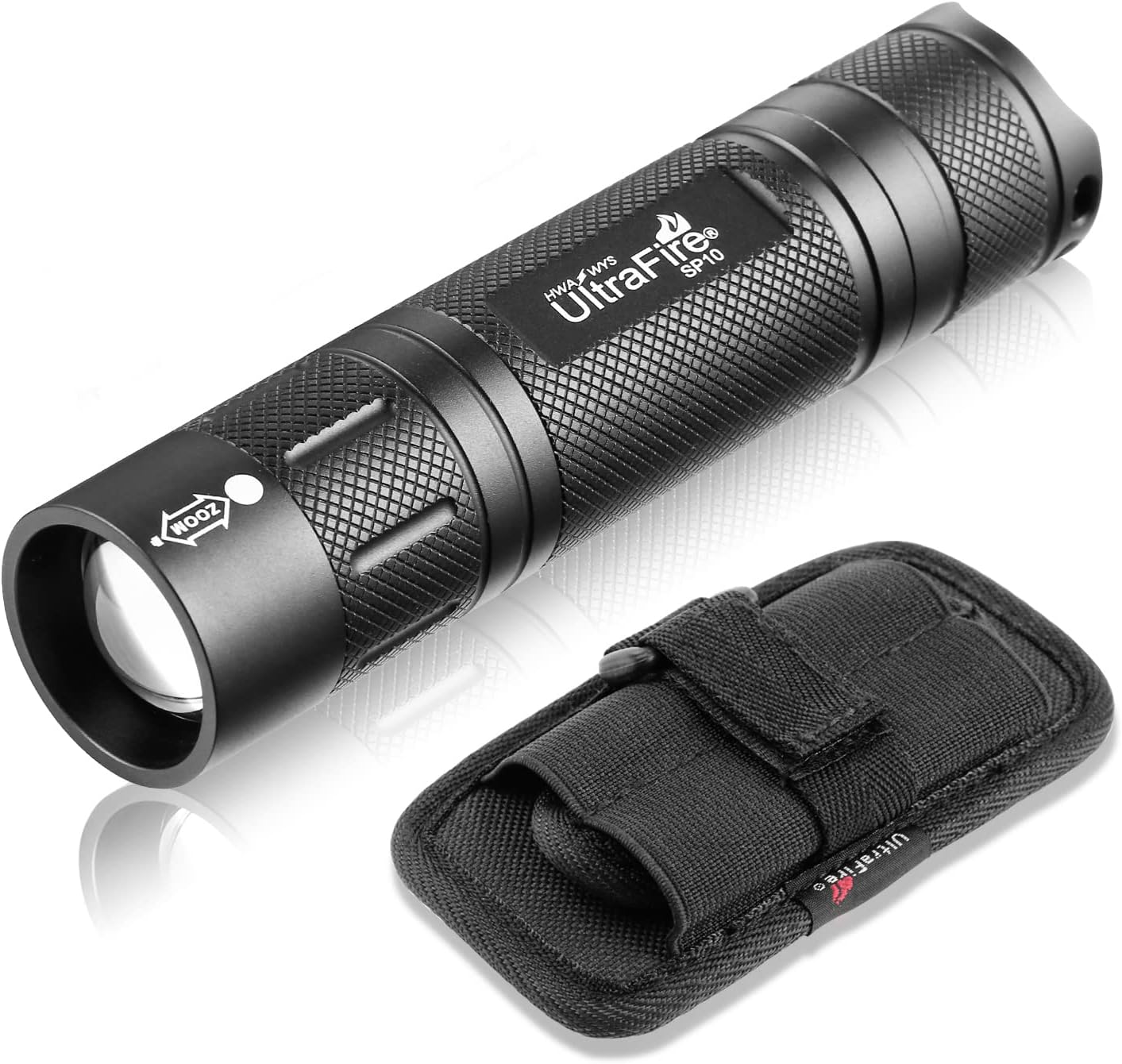 ULTRAFIRE LED Tactical Flashlight with Holster, Small Flashlight High Lumens - Single Mode, Zoomable, Water Resistant Flash Lights, Duty Belt Flashlight with Holder