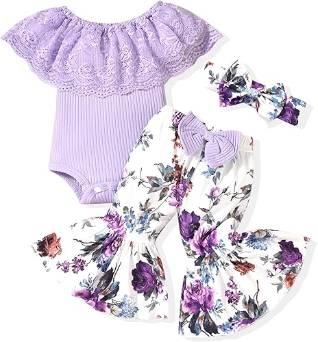 HINTINA - Conjunto de ropa para recién nacida, mameluco de manga corta y pantalones acampanados para bebé niña