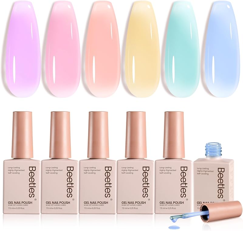 Beetles Pastel Gel Nail Polish Set - 6 Colors Spring Jelly Gel Polish Kit Pink Blue Purple Orange Yellow Green Sheer Translucent Effect Soak Off UV Macaron Dream Nail Art DIY Gift for Women | Blue Purple Orange Yellow Green Sheer Translucent Effect Soak Off UV Macaron Dream Nail Art DIY Gift for Women