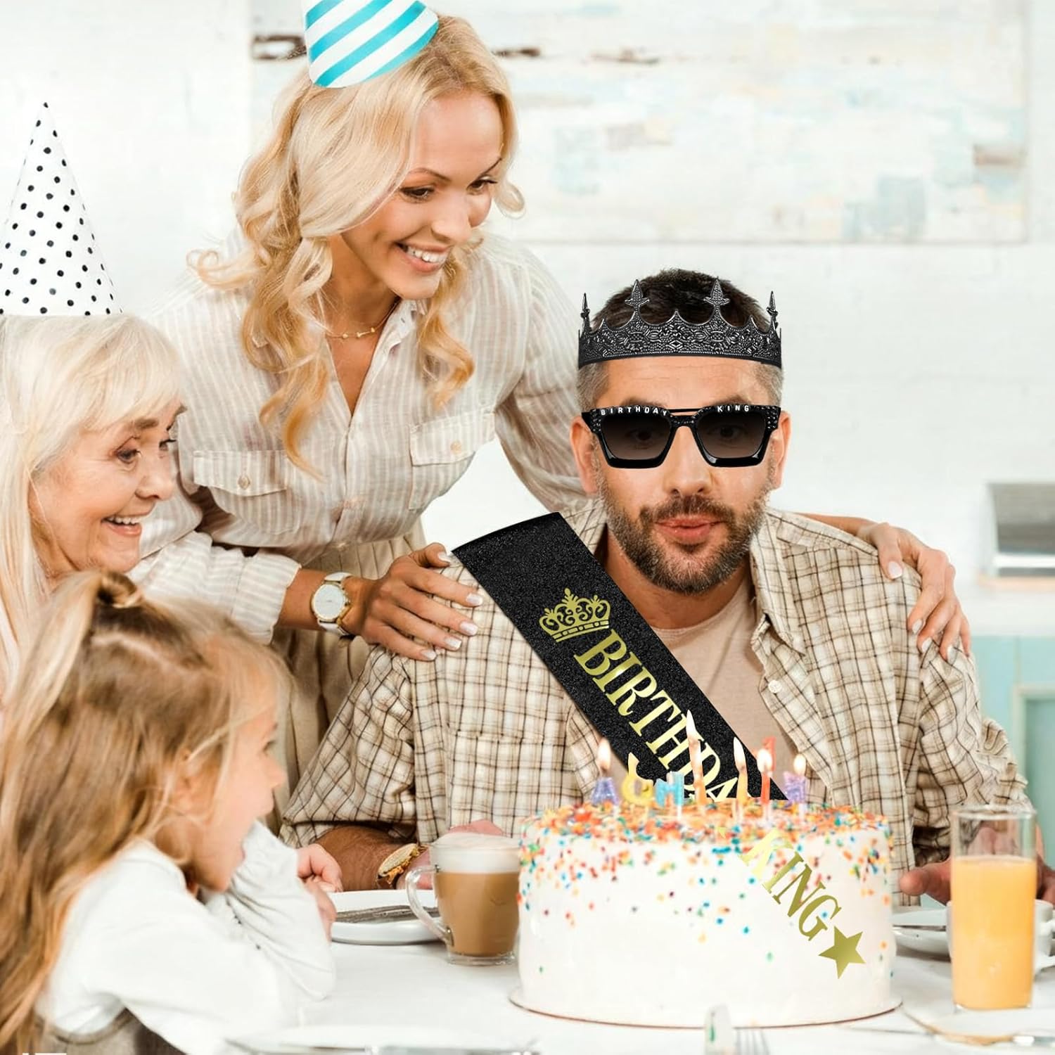 Edussy 3 pcs Black Birthday Decorations for Men Set,Happy Birthdays Sunglasses ,Gothic Birthdays King Crown and Sash for Birthday Gifts for Men and Him