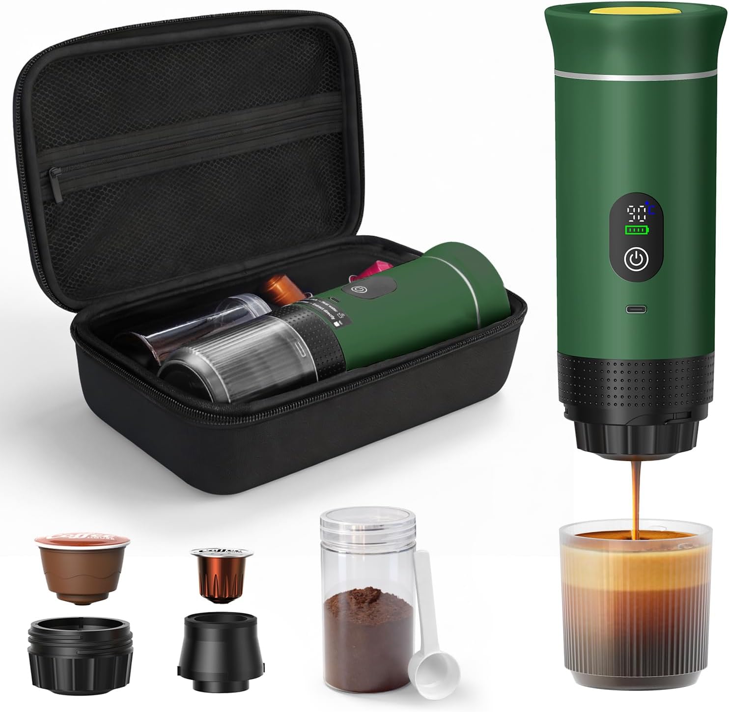 Portable Coffee Maker for Travel & Camping, Portable Espresso Maker with Bag, Rechargeable Cordless Battery Operated Coffee Makers for Ground Coffee, NS Capsule RV, Hiking, Office(Green)