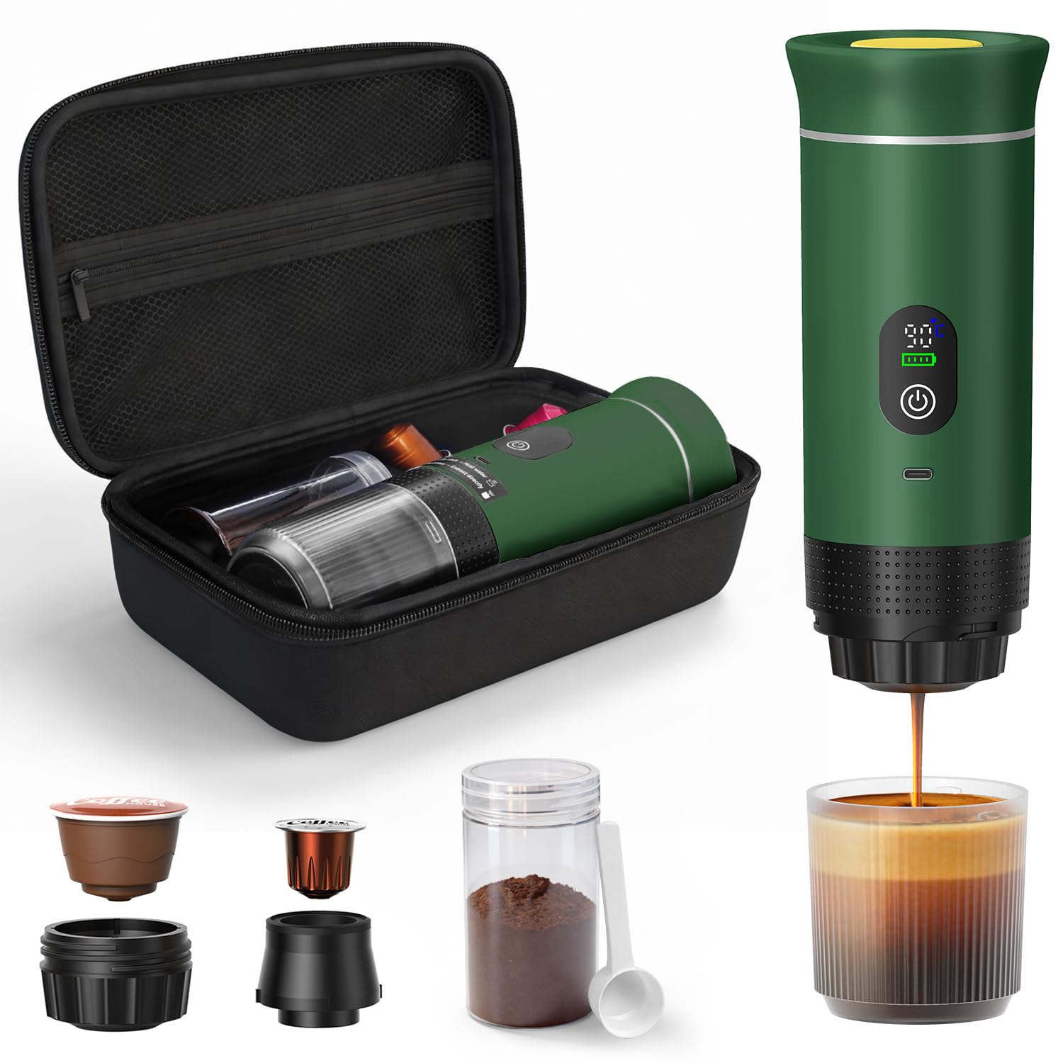 Portable Coffee Maker for Travel & Camping, Portable Espresso Maker with Bag, Rechargeable Cordless Battery Operated Coffee Makers for Ground Coffee, NS Capsule RV, Hiking, Office(Green) Green(with Bag)