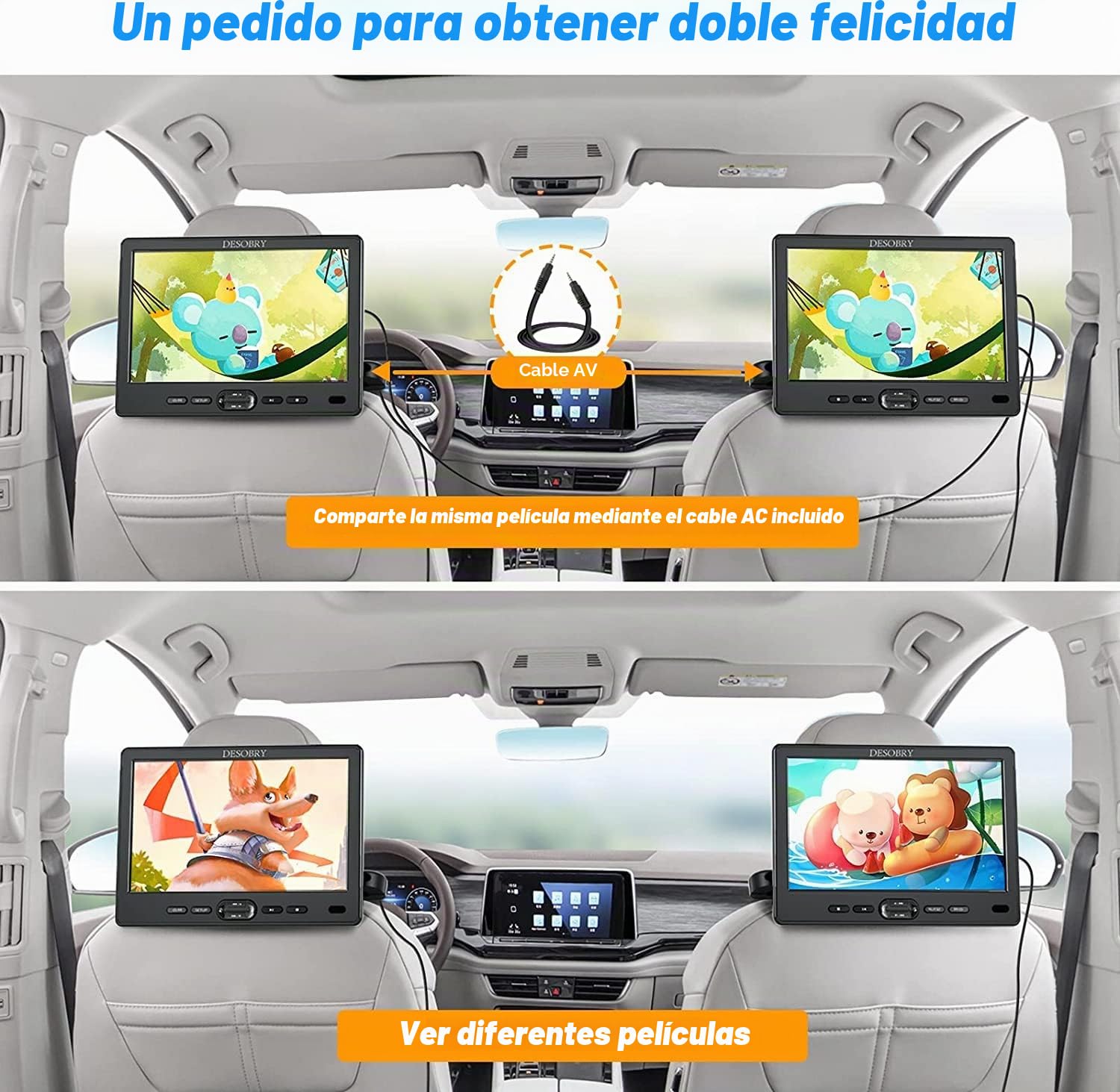 Reproductor de DVD para Coche 10,5 Pulgadas, DESOBRY Pantalla del vehículo, 2 Pantallas, Almohada para la Cabeza, 2 Auriculares hdmi, Entrada de Cable AV,1080p, USB/SD, Last Memory