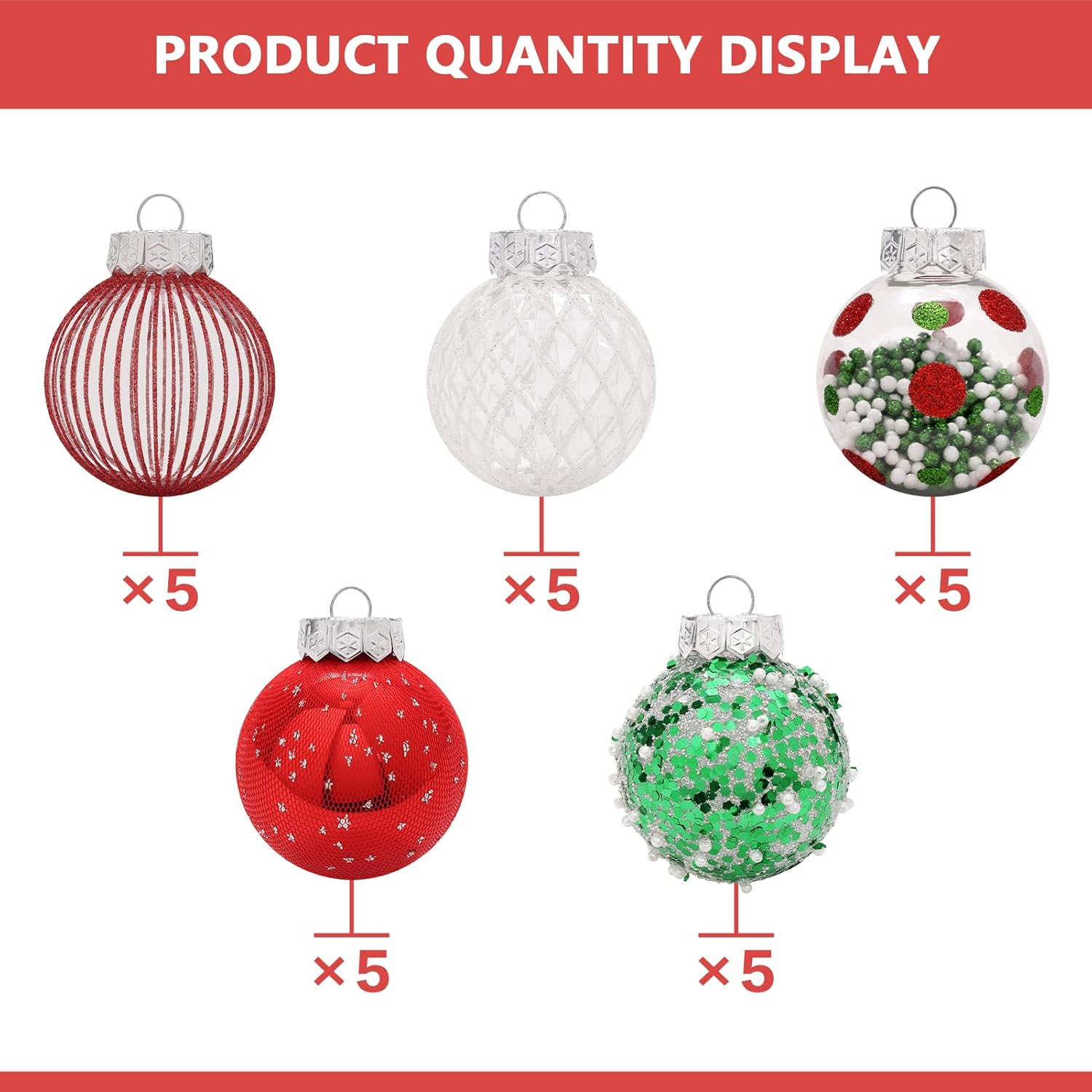 25PCS Christmas Ornaments Set, 2.36/6CM Assorted Clear Plastic Shatterproof Ball Hanging Ornaments for Xmas Tree Decorations, for Indoor Home Holiday Decor - Red/Green/White.