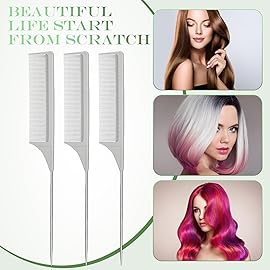 Leinuosen 3 Packs Rat Tail Comb Steel Pin Rat Tail Carbon Fiber Heat Resistant Teasing Combs with Stainless Steel Pintail (Gray)