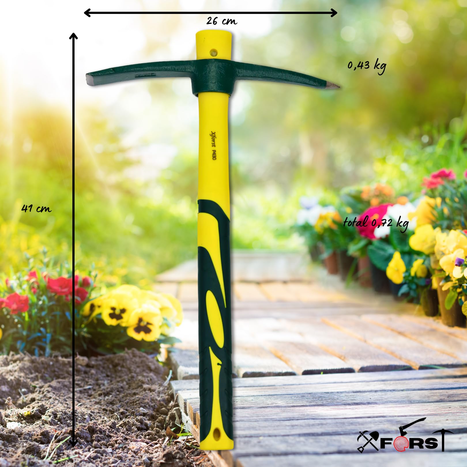 Xforst Piccone da Giardino 2 in 1 – Mini Piccone e Zappa 41 cm con Manico in Fibra di Vetro e Testa in Acciaio al Carbonio Forgiato HRC45 – per Giardinaggio, Campeggio e Prospezione – X-PF430