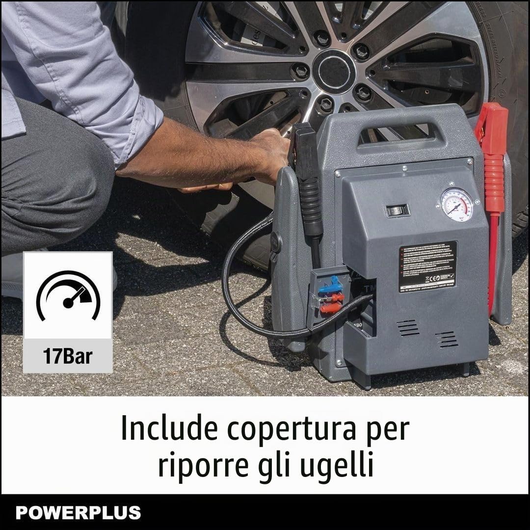 Powerplus POWE80090 4 in 1 Jump Starter Booster- Avviatore Portatile di Emergenza per Auto 900A 12V con compressore, Batteria e Lampada