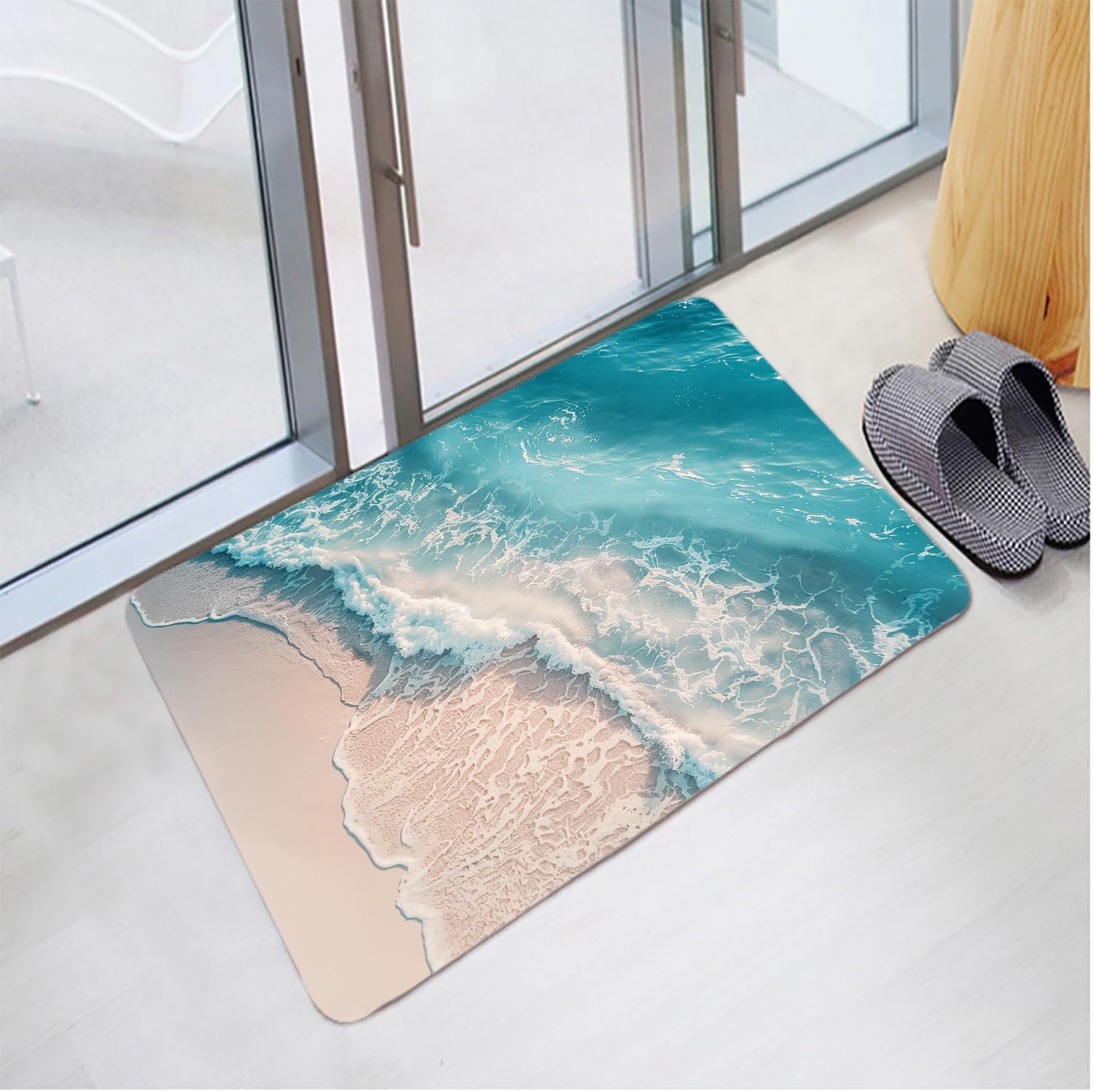 LYFANS Memory Foam Bath Mat, Non Slip Absorbent Flannel Bathroom Rug, 18" x 30" Soft Washable Shower Mat with Ocean Wave Print for Bathroom, Kitchen, Entryway