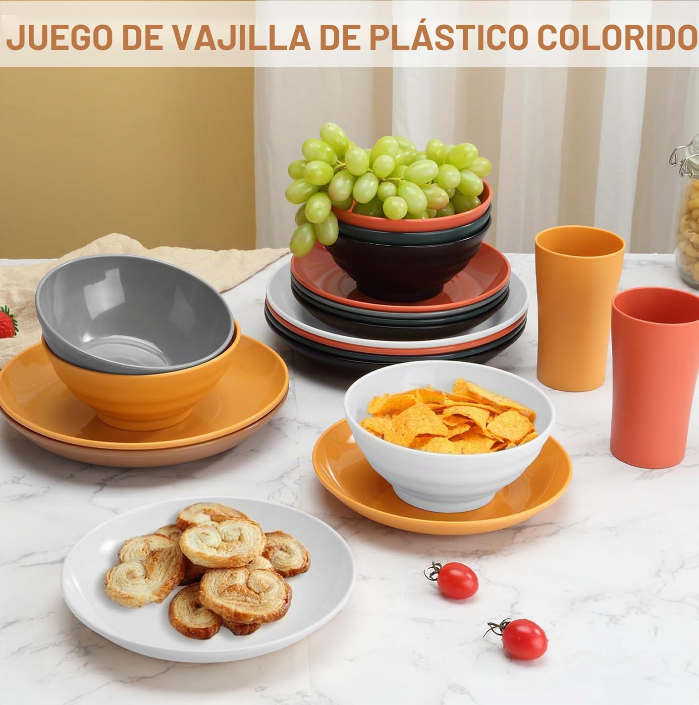 Bestdin Juego de Vajilla de Camping para 6 Personas - 24 Piezas Irrompibles - Platos y Vasos para Picnic, Fiesta - Libre de BPA, Apto para Lavavajillas