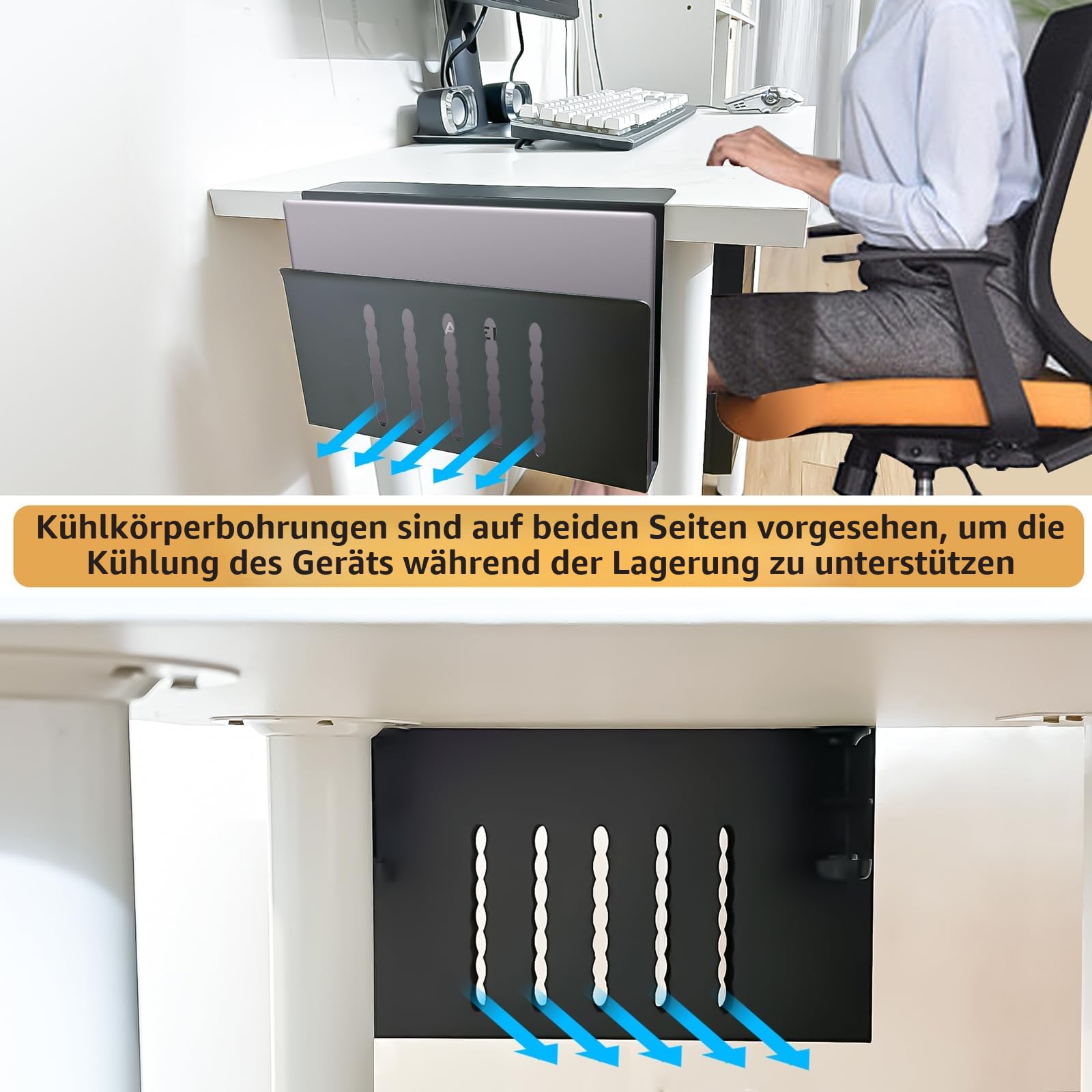 Desk Side Storage, Under Desk Storage, No Drill Steel Hanging Desk Organizer, Laptop Holder, Desk Storage Holder für Büro & Haus (Schwarz)