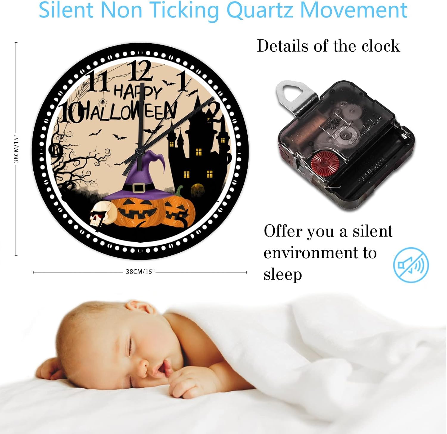 15 Inch Happy Halloween Pumpkin Hunted House Small Wall Clock Battery Operated Silent Noiseless Halloween Party Scary Pumpkin Wearing Witch Hat Wooden Hanging Clock Arabic Numeral Round Clock