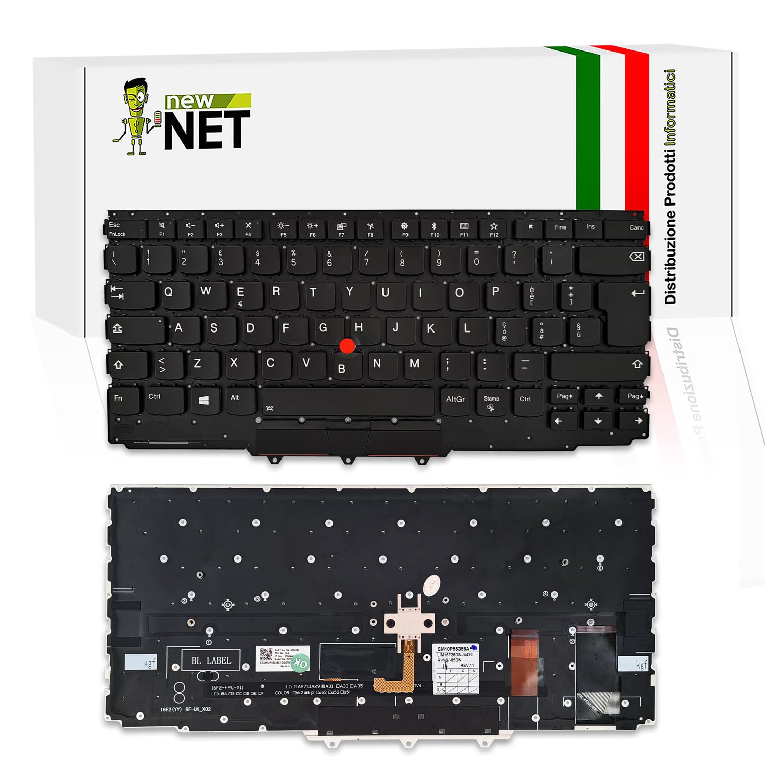 new net - Tastiera compatibile con Lenovo ThinkPad X1 Yoga Gen 3 (Type 20LD, 20LE, 20LF, 20LG) [Senza frame - colore tasti Nero - Trackpoint - Retroilluminata - Layout ITA]