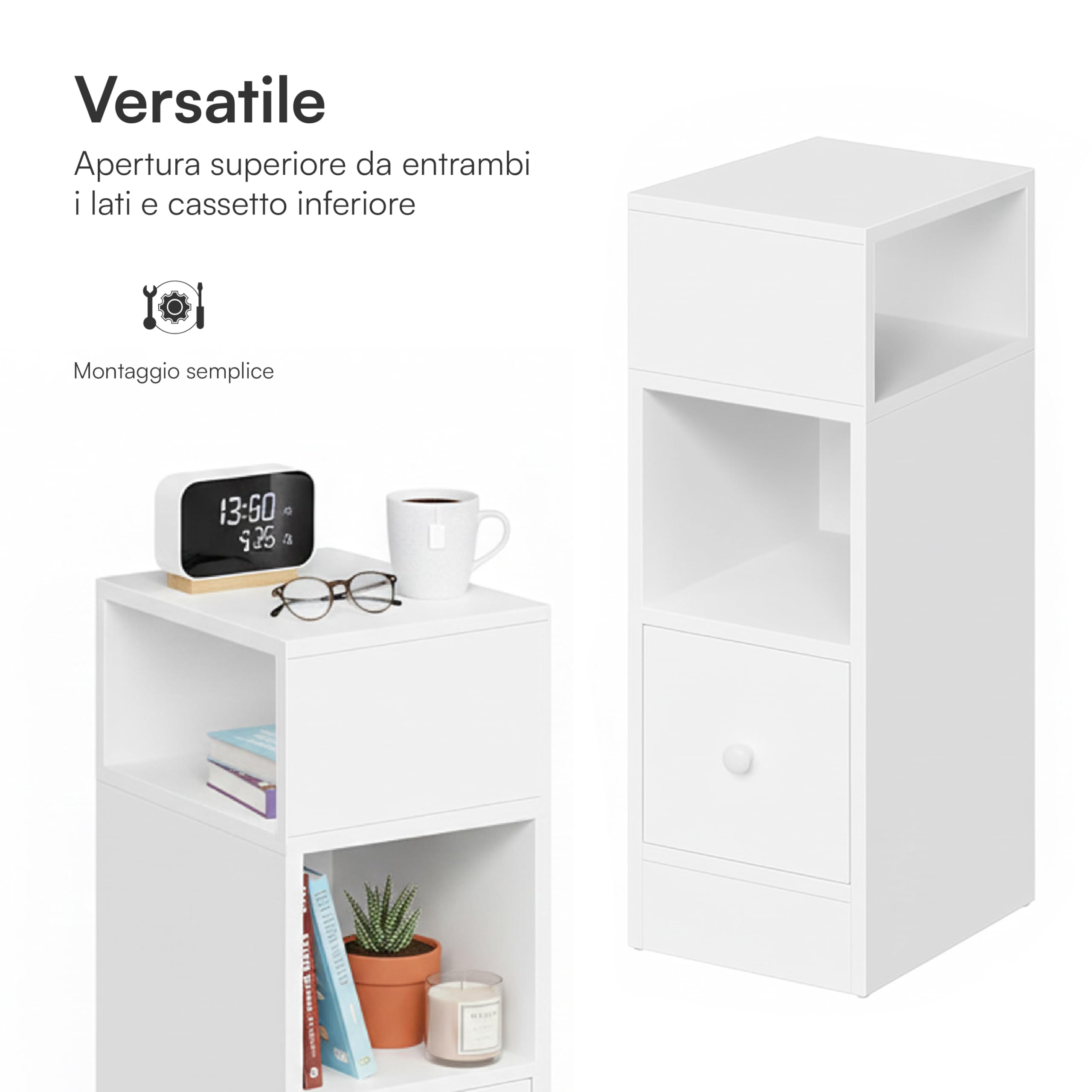 Baroni Home Set 2 Comodini Moderni con Cassetto e 2 Ripiani, Scomparto Superiore Aperto su Entrambi i Lati, Comodini Salvaspazio in MDF, Montaggio Facile. 25x30x66 cm (Bianco)