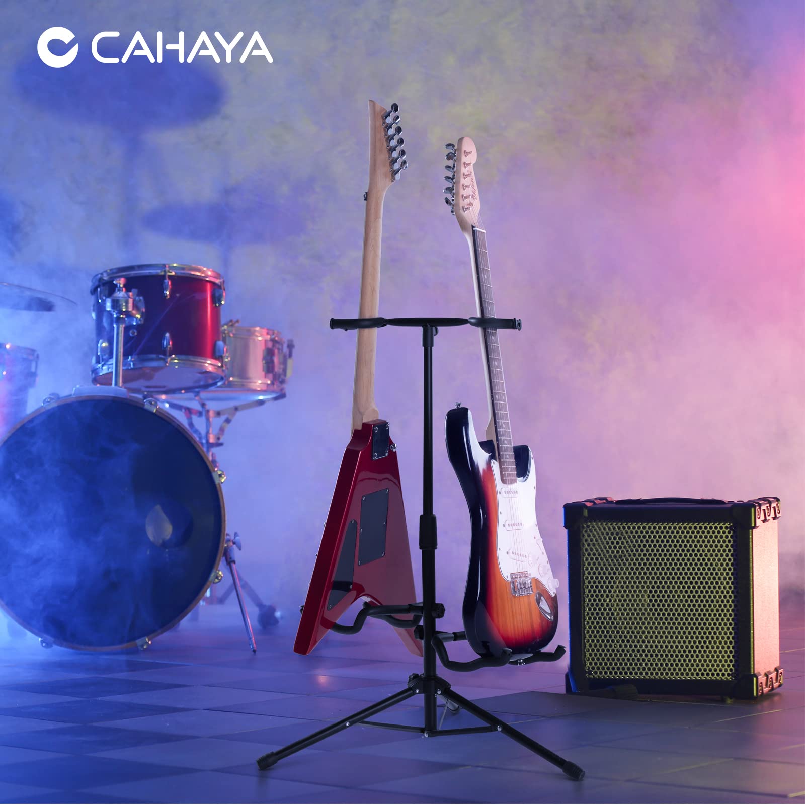 CAHAYA CY0321 stojak na gitarę z 2 uchwytami na szyję składany statyw podłogowy metalowy uniwersalny uchwyt, do akustycznych gitar elektrycznych, ukulele, skrzypiec, banjo, mandoliny