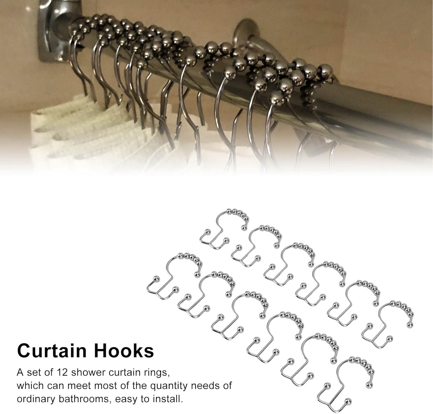 12Pcs Double Sided Shower Hooks, Shower Curtain Hooks, Stainless Steel Rust-Resistant Shower Hooks for Shower Curtain and Liner Bathroom