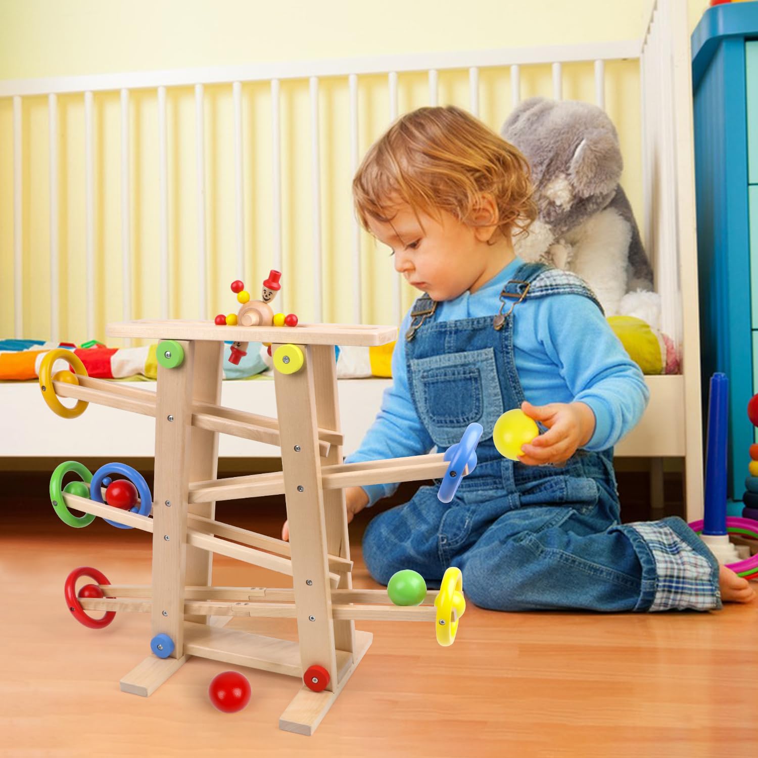 Qilay Wooden Wooden Race Track Toddler Toys for 1-3 Year Old Boy and Girl, Wooden Car Ramp Racer Toy Vehicle Set with 4 Balls & 5 Race Tracks, Great Educational Montessori Toys for Kids Boys Girls