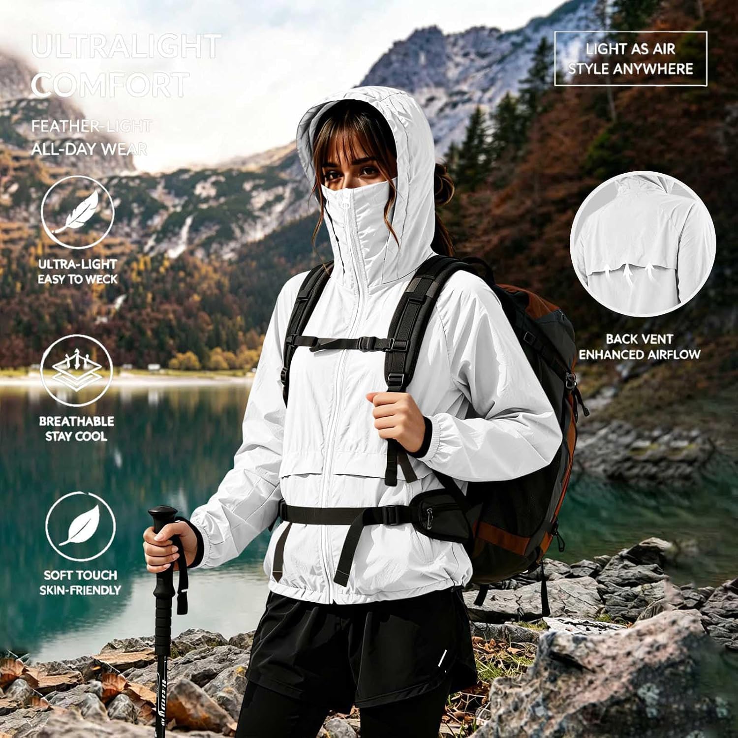 Windbreaker for Women Lightweight Hooded Zip Up Vented Jacket | Women's Breathable Softshell Coat with Back Vent Airflow, Cinch Waist, Zip Pockets for Travel Outdoor Fall Spring