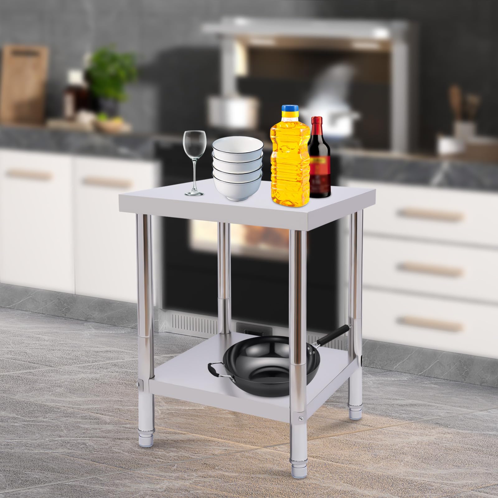 Tavolo Da Lavoro Da Cucina In Acciaio Inox, Piano Di Lavoro A 2 Piani, Altezza Del Piede Regolabile, Capacità Di Carico 400 Kg, Ideale Per Cucina, Hotel, Panetteria, Ristorante, 60 X 45 X 80 Cm