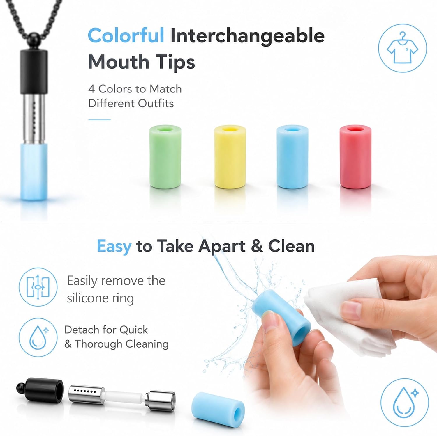 Wearable Inhaler Necklace, 4 Replaceable Silicone Mouthpieces & Aroma Cores, Stainless Steel Pendant, Oral Fixation & Habit Replacement Tool for Travel, Outdoor & Daily Use