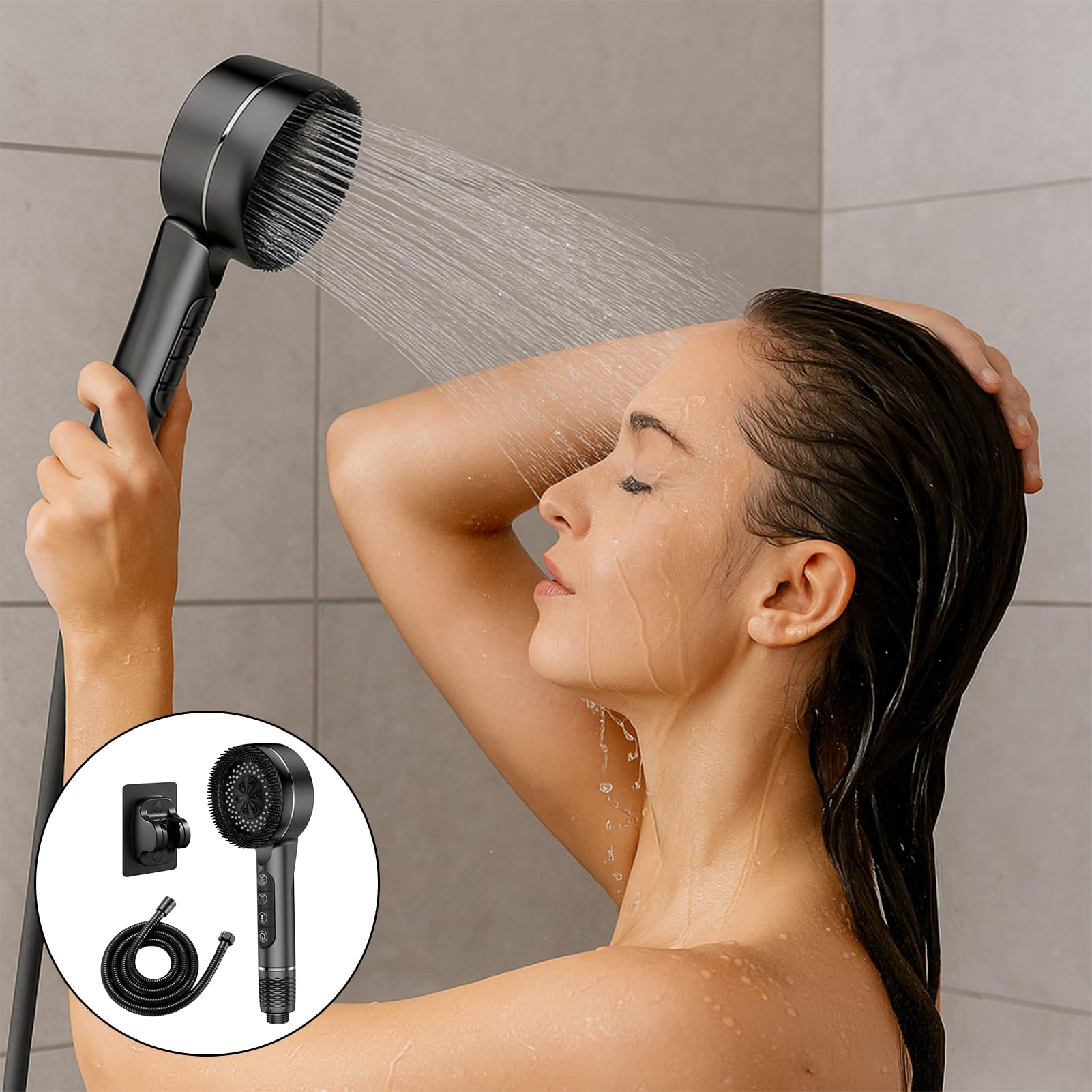 Juego de alcachofa de ducha de mano de alta presión con filtro de agua dura y manguera de 1,5 m de ahorro de agua con múltiples modos de pulverización e interruptor (negro)