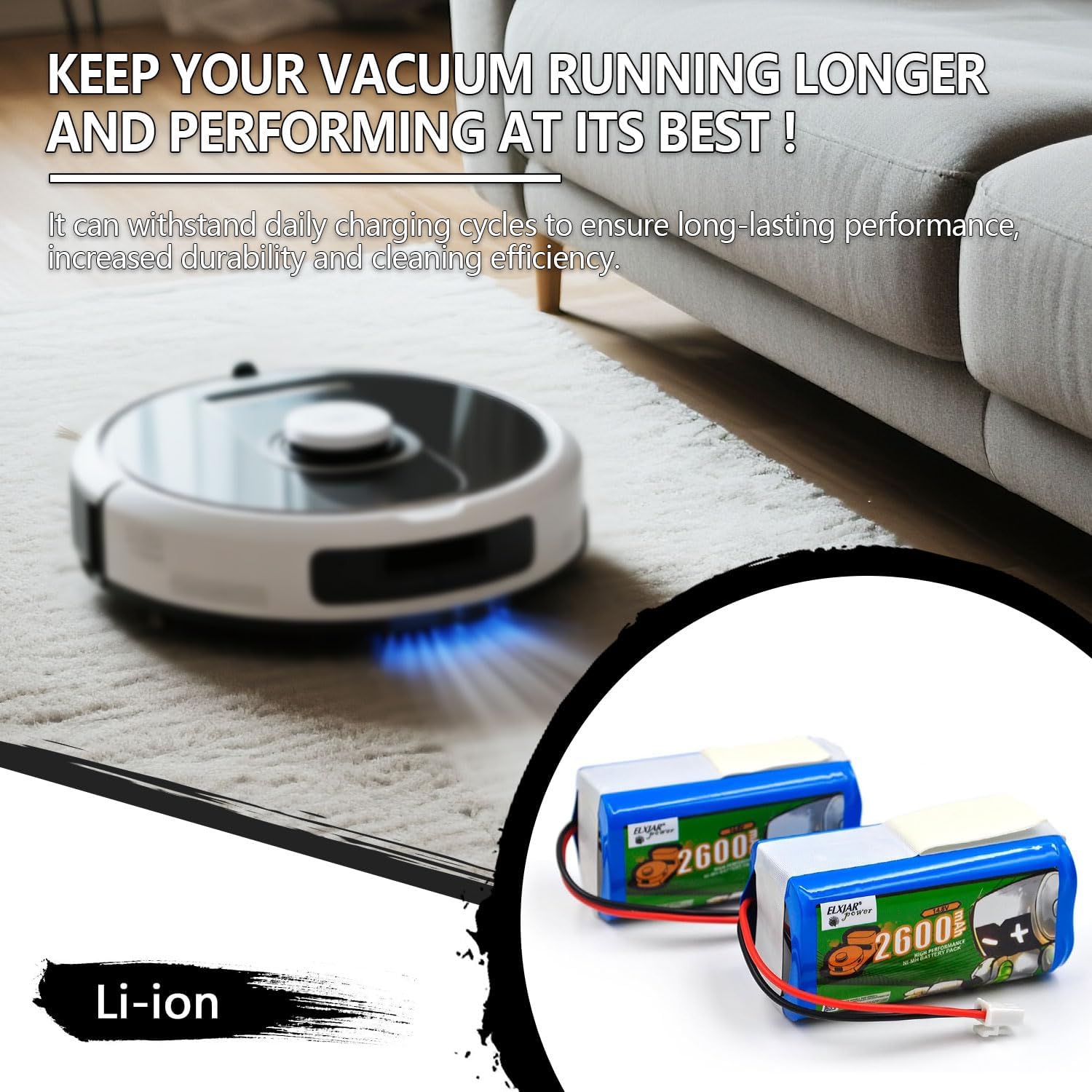 (2-Pack) 14.8V 2600mAh Li-ion Battery Replacement for Shark Ion R75 RV761 RV850C RV1000S UR1000SR RV101AE AV752 AV911S AV970 2-Prong Connector Robots