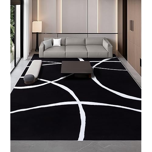 YIHOUSE Modern Washable Area Rug for Living Room Bedroom - Large Abstract Black and White Rug Non-Slip Ultra-Thin Home Decor (Dark Curve, 8'x10'ft)