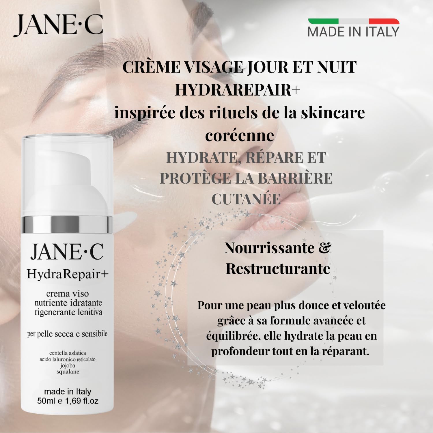 Crème Visage Jour & Nuit HydraRepair+| Inspirée de la Skincare Coréenne| Avec Centella Asiatica & Peptides| Hydratante, Réparatrice et Apaisante |Peaux Sèches, Mixtes ou Sensibles| Made in Italy, 50ml