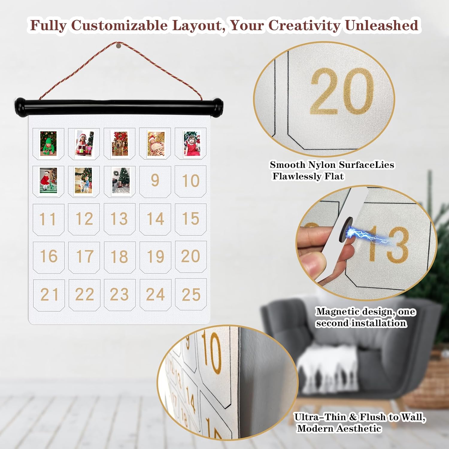 Christmas Photo Countdown Advent Calendar, Reusable Display for Wall, Home and Kitchen Seasonal Décor (Felt)