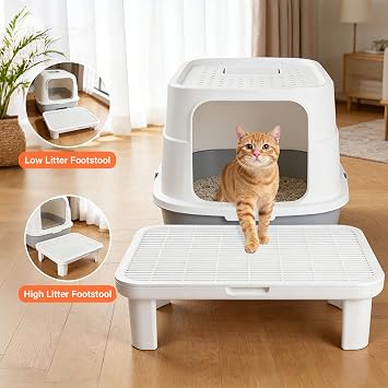 Cat Step Ramp Adjustable Litter Box Step with Filter Function, White